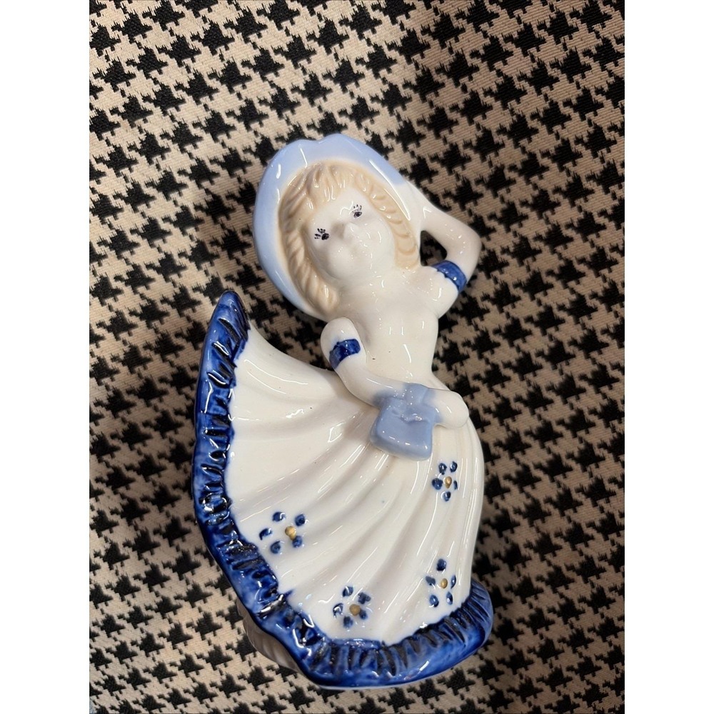 Vintage Southern Belle Figurine Porcelain Girl W/ Blue White Dress Bonnet 5 1/2"